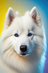 Fototapeta premium Portrait of white husky with blue eyes on coloured studio background. AI generative illustration.
