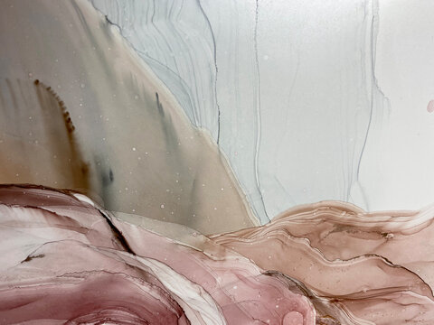 Abstract pink art with beige and gold &mdash; pink background with brown, beautiful smudges and stains made with alcohol ink and golden pigment. Pink fluid art texture resembles watercolor or aquarelle.