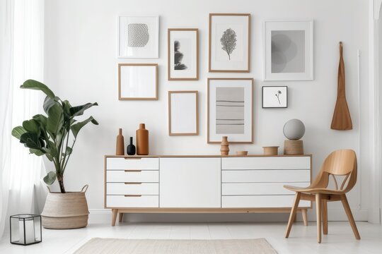 On a lovely chest of drawers with a white wall and a bright room, there are blank picture frames in a contemporary Scandinavian design. picture or poster frames, or photo frames in an interior mockup