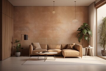 Warm toned interior wall mockup of a living area with a leather sofa that is located behind the kitchen. Generative AI