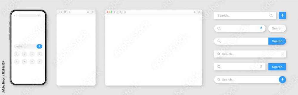 Poster smartphone, blank internet browser window with various search bar templates. web site engine with se