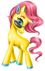 The cartoon character is a cute unicorn. The unicorn is yellow with a bright pink mane and tail with glasses and a hairpin on the mane.
