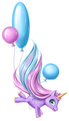A lovely purple unicorn is flying with balloons. Nice pastel color palette.