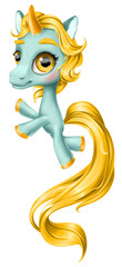 A mint-golden unicorn cartoon character. Children's illustration