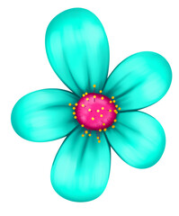 A flower with round mint petals and a pink center with yellow stamens. Children's botanical illustration