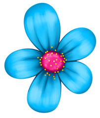 A flower with round blue petals and a pink center with yellow stamens. Children's botanical illustration