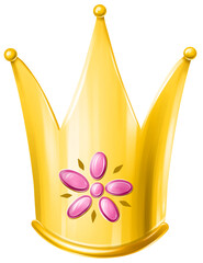 The golden crown is decorated with pink stones in the shape of a flower. Illustration