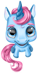 Cute blue sitting unicorn with bright pink mane and tail. Illustration for children's products and nursery.