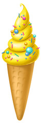 Yellow ice cream in a waffle cup. Ice cream cone decorated with sprinkles