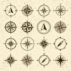 Vintage marine wind rose, nautical chart. Monochrome navigational compass with cardinal directions of North, East, South, West. Geographical position, cartography and navigation. Vector illustration. - obrazy, fototapety, plakaty