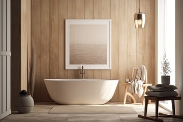 Interior of a bathroom made of wood and beige with a white tub, a tiny chair upholstered in cream, a towel, and a big vertical poster on the wall. a mockup. Generative AI