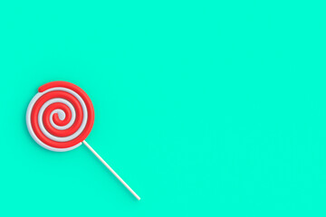 Lollipop on stick. Striped twisted candy. Sweet snack. Top view. Copy space. 3d render