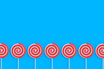 Row of swirl lollipops on stick. Striped twisted candy. Sweet snack. Top view. Copy space. 3d render