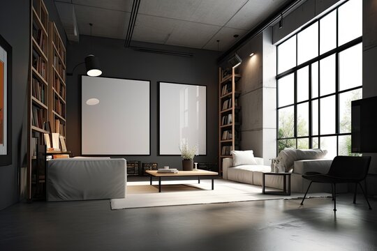 Corner view of the interior of a dark living room with a blank white poster, a large window, armchairs, a coffee table, book shelves, and a concrete floor. Site of the meeting. a mockup. Generative AI