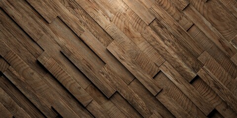 Diagonally arranged warm brown wooden boards or planks randomly shifted surface background texture, empty floor or wall hardwood wallpaper