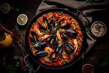 Spanish Paella in an iron bowl. Generative AI