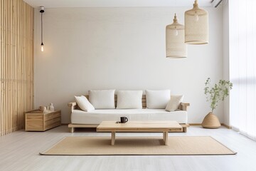 Fototapeta na wymiar White and bleached wood tones dominate this copy space style living area. a fabric and wood sofa with pendant lighting. Interior design by Japandi,. Generative AI