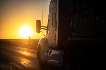 Long Haul 18 Wheel Truck driving on a highway at sunrise or sunset