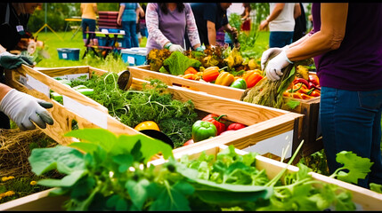 People standing around boxes filled with vegetables. Generative AI