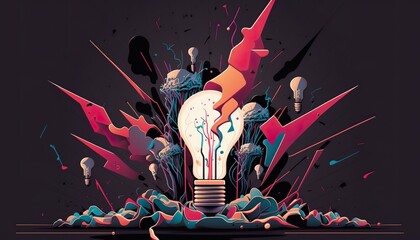 Creative ideas. An explosion of paint from a light bulb. . Creative illustration. (Ai Generate) - obrazy, fototapety, plakaty