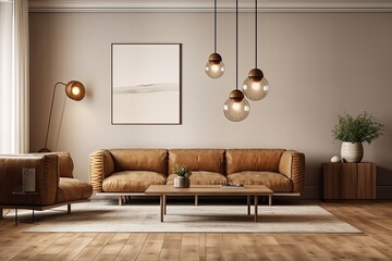Interior of a brown leather sofa and coffee table in a wooden floored, beige minimalist living room with three fashionable ceiling lamps. a mockup. Generative AI