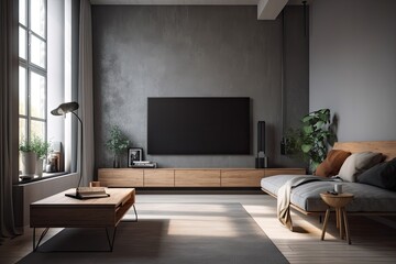 Interior of a living room made of gray and wood, with a TV mounted on the wall and a little sofa next to a large window. a mockup. Generative AI