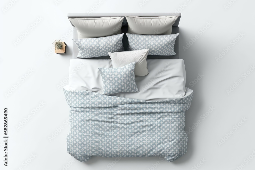 Poster mockup of a set of bedding items. upper view of the sheets. isolated white bed. grey and blue sheets