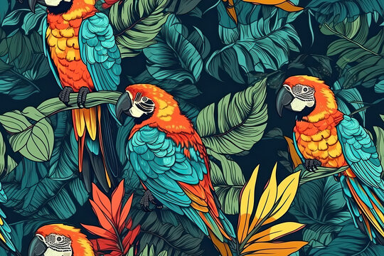 tropical background with seamless pattern with parrots in jungle. Generative AI illustration