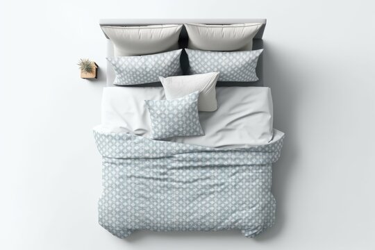 Mockup Of A Set Of Bedding Items. Upper View Of The Sheets. Isolated White Bed. Grey And Blue Sheets. Bed Sheet, Duvet, And Pillows. Generative AI