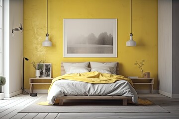 Interior front view of a bedroom with a yellow double bed occupying the room's center and a white floor. A lamp equipped glass bedside table. rectangle shaped poster simulated toned image. Generative