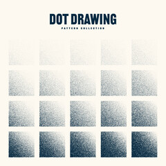 Square shaped dotted objects, vintage stipple elements. Stippling, dotwork drawing shading using dots. Halftone disintegration effect. White noise grainy texture. Fading gradient. Vector illustration