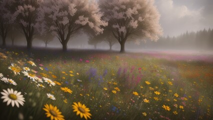Flower meadow, landscape, illustration
