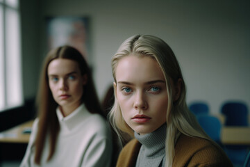 Fototapeta premium two young girls or women, sad look as if in the dock, fictitious place. Generative AI
