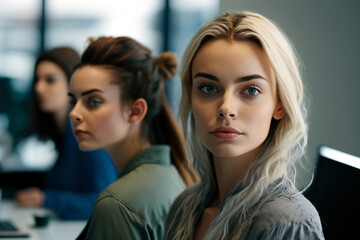 young adult woman with blond hair sitting on a chair, meeting or university, fictional place. Generative AI