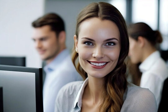 young adult woman at work in front of a screen in the office, other people in the background, happy and relaxed working. Generative AI