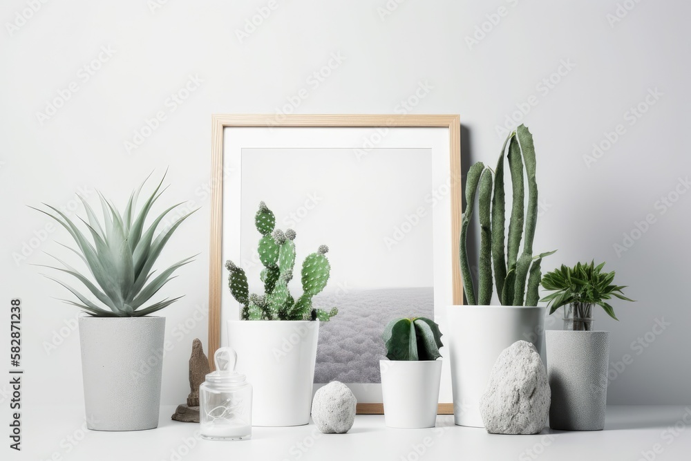 Poster cactuses in concrete pots are displayed in a white faux frame on a white background. generative ai