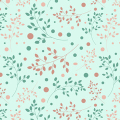 Delicate pattern with leaves and polka dots in pastel pink and mint colors.