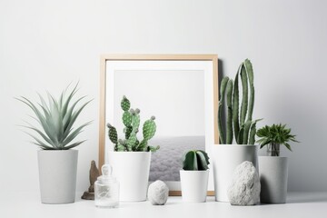 Cactuses in concrete pots are displayed in a white faux frame on a white background. Generative AI