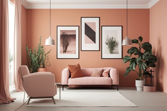 Three picture frames are displayed on a gallery wall in a monochromatic flat with one orange pinkish colored room that has furniture and plants. Generative AI