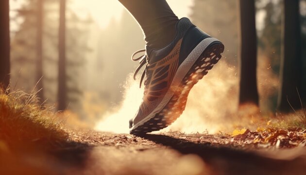 Journey through the Forest: A Runner's Experience show runner foot in the florest. GENERATIVE AI