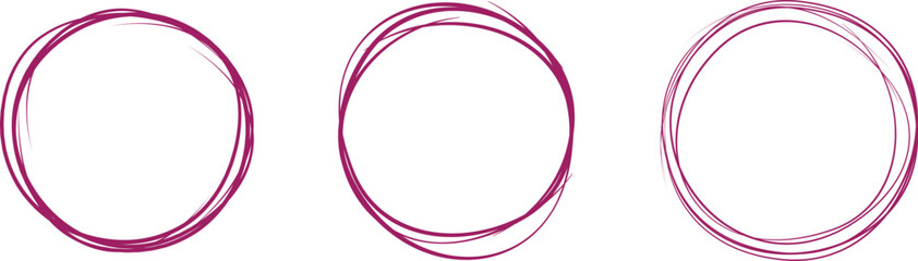 Purple circle line hand drawn set. Highlight hand drawing circle isolated on background. Round handwritten circle. For marking text, note, mark icon, number, marker pen, pencil and text check, vector