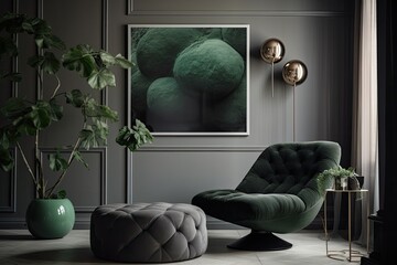 In a grey apartment with a mock up of a poster, there is a plant on a pouf next to a green recliner. actual picture. Generative AI