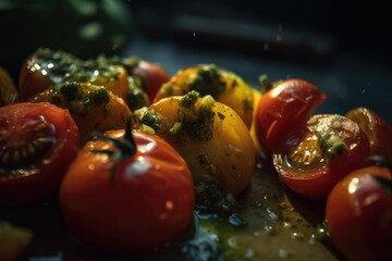 Stuffed cherry and yellow tomatoes drizzled in pesto - Generative AI