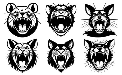 Obraz premium Set of mouse heads with open mouth and bared fangs, with different angry expressions of the muzzle. Symbols for tattoo, emblem or logo, isolated on a white background.