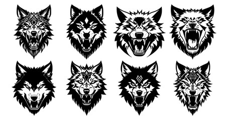Set of wolf heads with open mouth and bared fangs, with different angry expressions of the muzzle. Symbols for tattoo, emblem or logo, isolated on a white background.