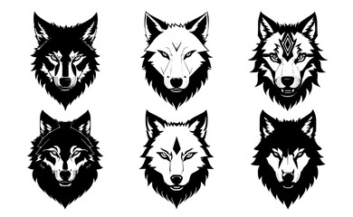 Set of wolf heads with closed mouth, with different angry expressions of the muzzle. Symbols for tattoo, emblem or logo, isolated on a white background.