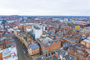 Fototapeta premium birds-eye view of the accommodations and other buildings in Nottingham city center, United Kingdom. High quality photo