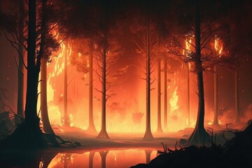 Fire in forest .Wildfire landscape, wildland. Natural ecology disaster. Burning trees and blaze wood at night. Flaming woodland.Generative AI