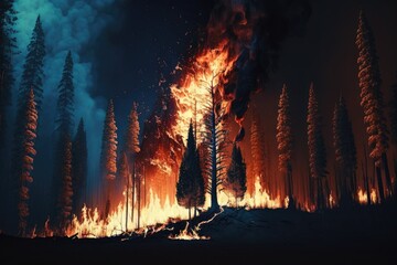 Fire in forest .Wildfire landscape, wildland. Natural ecology disaster. Burning trees and blaze wood at night. Flaming woodland.Generative AI