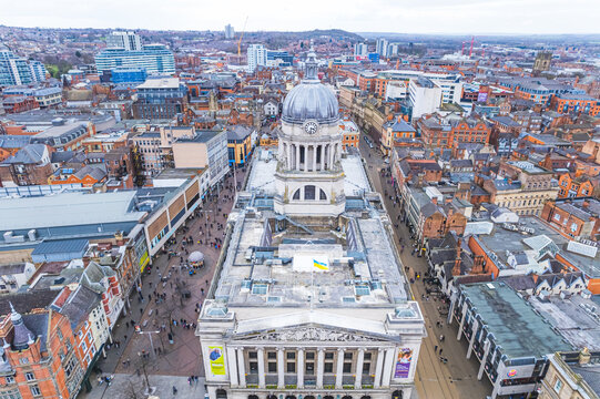 high angle view of Nottingham City Center on a winter day, United Kingdom, drone shot. High quality photo